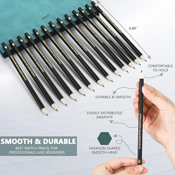 Drawing Pencils Set of 14 (B - 12B) Sketching Pencils for Drawing, Shading & Doodling | Professional Sketch Pencils Graphite Grades for Artists & Beginners