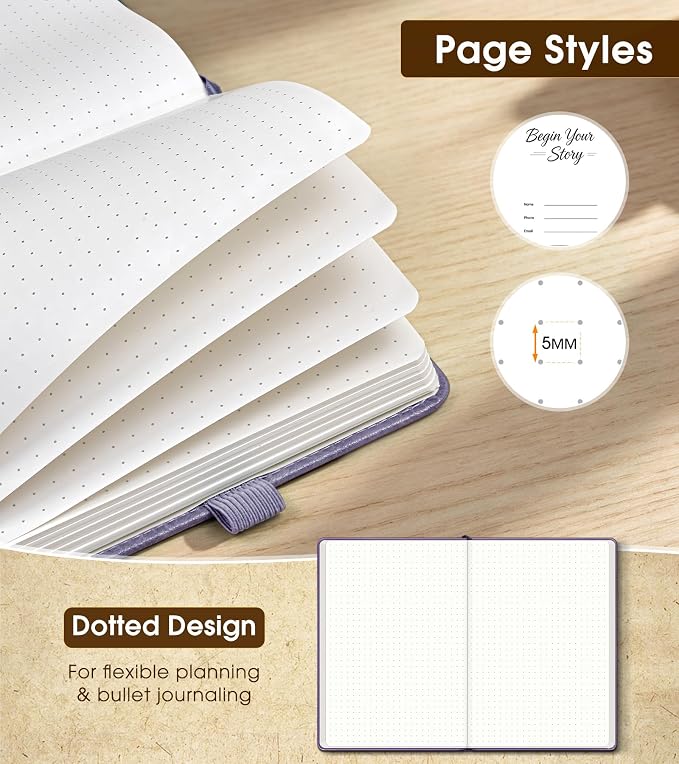 Dotted Journal Notebook, A5 Leather Hardcover, 160 Pages, 180° Lay-Flat Binding, 100 GSM Thick Paper, Dot Grid for Bullet Journaling, Planning & Daily Organization (Purple)