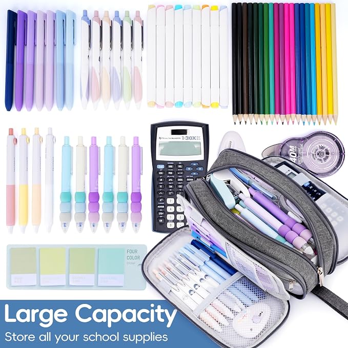 Pencil Case Large Capacity, 3 Compartment Gray Big Pen Pouch with Zipper | Durable Stationery Organizer, Portable Marker Pen Bag for Teens, College and High School Students, Adults and Teachers