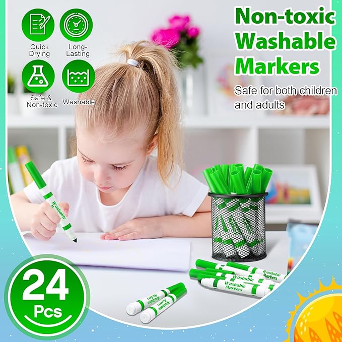 24 Pcs Washable Markers Bulk Broad Line Markers Coloring Conical Tip Large pens for Kids art projects, Teachers, Students, Toddlers, Party Favors, Classrooms, Donations(Light Green)