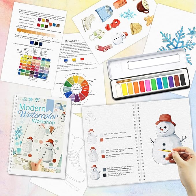2Pcs Watercolor Workbook Beginner-Friendly Water Coloring Book with 12 Colors Paint Color with Paint Brush, Watercolor Paper, Beginner Watercolor Painting Kit Watercolor Paper - Valentine's Day Gift