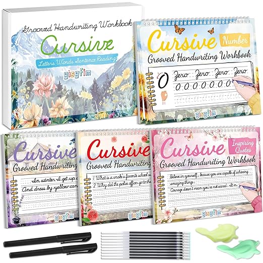 gisgfim 4 Pack Grooved Cursive Handwriting Workbook Kit Magic Reusable Grooved Handwriting Practice with Disappearing Ink Pens Cursive Workbook for Kids Number Poems Jokes & Riddles Inspiring Quotes