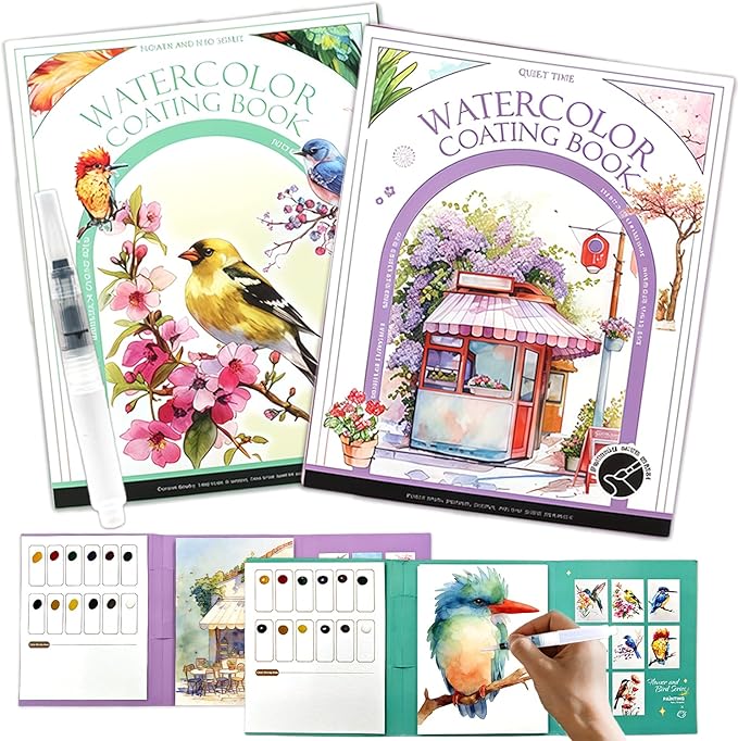 NaTuGi 2Pac Watercolor Workbook for Adults,Watercolor Coloring Book,Portable Watercolor Painting Books,Creative Stress Relief Kit,Suitable for Beginners Birthday Gift(Birds and Time)