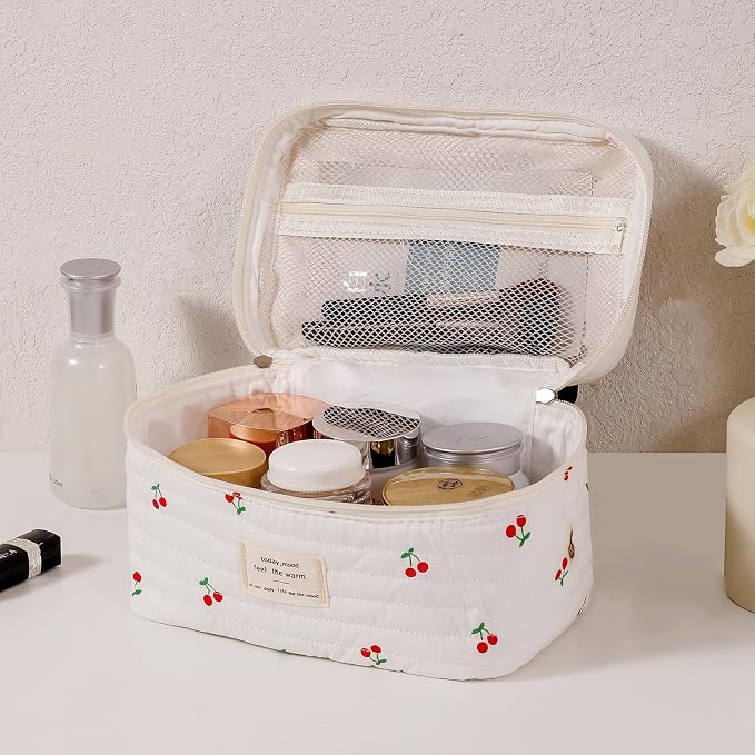 uekeboag Large Travel Quilted Makeup Bag for Women | Soft Floral Cotton Cosmetic Bag, Foldable Coquette Aesthetic Toiletry Organizer