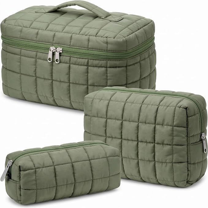 Huhumy 3 Pcs Large Puffy Makeup Bag Set Quilted Cosmetic Pouch for Women Cute Checkered Travel Toiletry Bag Puffer Makeup Organizer Purse Pouch Preppy Pencil Case with Zipper Valentine Gift(Green)