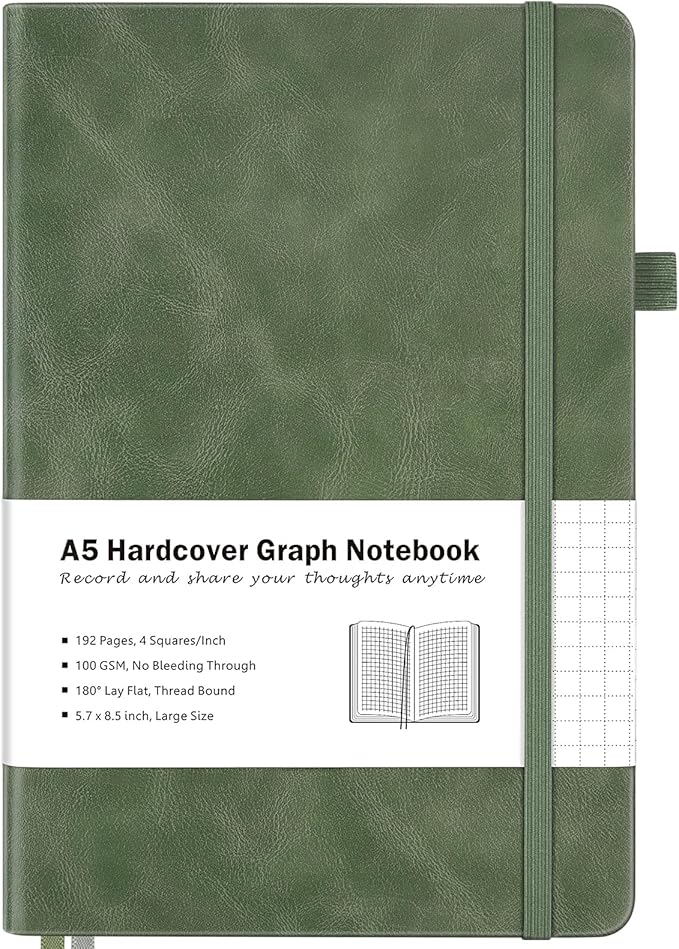 Graph Paper Notebook, Hardcover Notebook, Grid Notebook Journal for Women, Men, Large Leather Journals for Writing, Thick Paper, A5 Notebooks for Work, School Supplies, Engineering, Light Green