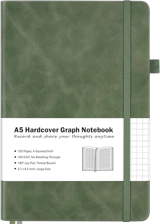 Graph Paper Notebook, Hardcover Notebook, Grid Notebook Journal for Women, Men, Large Leather Journals for Writing, Thick Paper, A5 Notebooks for Work, School Supplies, Engineering, Light Green