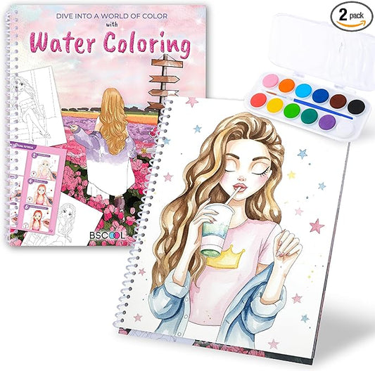 Water Coloring Book for Beginners Painting Kits for Kids Ages 5 and Up, Watercolor Paint Book with 12 Paint Palettes, 1 Brush, and Guides, Fashion Painting for Girls with 15 Pre-Drawn Models