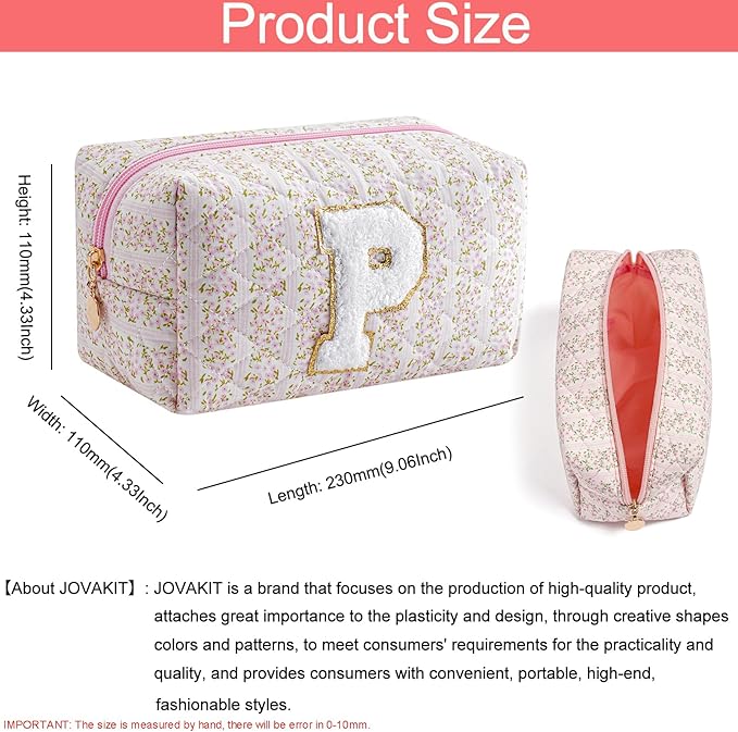 JOVAKIT Alphabet Makeup Bag Cosmetic Bag for Women, Christmas Gifts for Girls Age 6-18, Floral Flowers Coquette Travel Toiletry Zipper Make Up Pouch Organizer Trendy Stuff (Pink Floral P)
