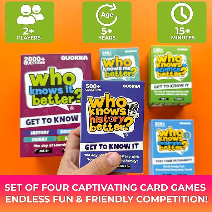 Board Games for Kids 8-12 – Set of 4 Family Card Games for Kids and Adults – Trivia Cards for Family Game Night – Who Knows It Better – 2000+ Questions History, Geography, Science – Fun Card Game