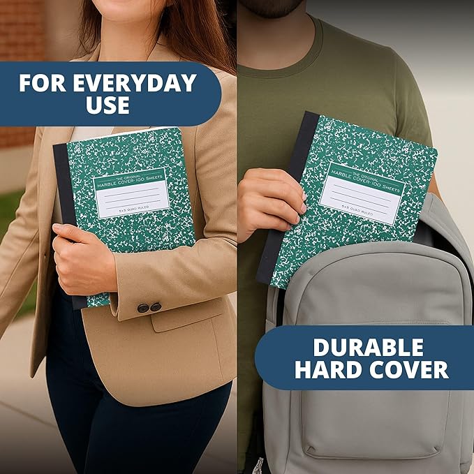 ROARING SPRING Hard Cover Composition Notebook, 6 Pack, Green Marble Comp Book, 9.75″ x 7.5″, 5x5 Grid Graph Ruled, 100 Sheets (200 Pages), Made in USA