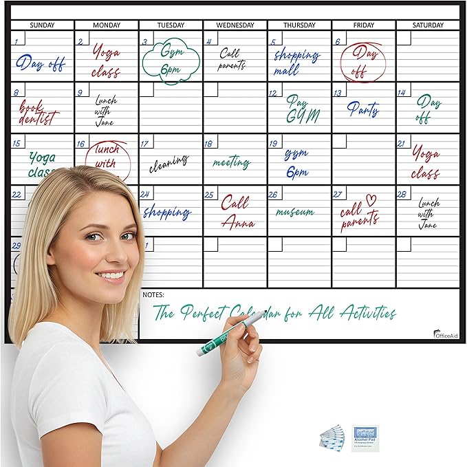 Large Dry Erase Calendar for Wall 36x48, Giant Family Office Big Reusable, Monthly Planner Erasable Month, Rolled Whiteboard White Board, 48x36 Calendar Dry Erase for Undated Wall Large Classroom