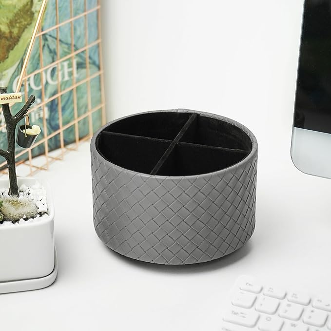 Round Leather Art Supply Organizer,Remote Control Holder,360 Degree Spinning,Multi-Functional Pencil Holder,4 Compartments Desktop Stationary Organizer(1-Weave Grey)