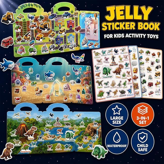 3 Sets Reusable Sticker Books for Toddlers 3-6, Jelly Sticker Book Toddler 1-3, Boys Books,Dinosaur City Ocean Waterproof Travel Toys for Kids Ages 3 4 5