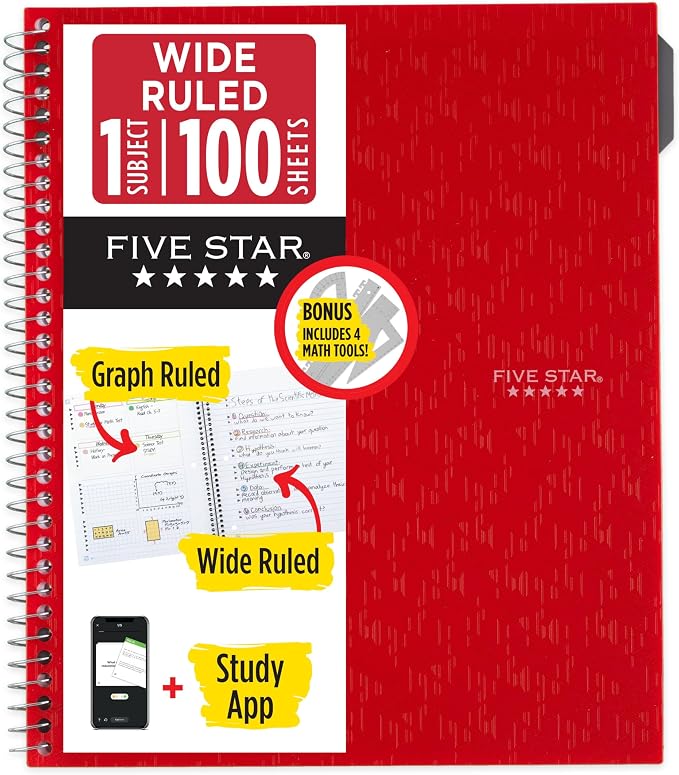 Five Star Spiral Notebook + Study App, 1 Subject, Wide Ruled 8" x 10.5" Paper, Includes 4-Piece Math Tool Set, 100 Sheets, Red (620025B)
