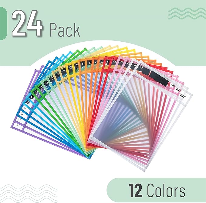 Mr. Pen- Reusable Dry Erase Pocket Sleeves, 10" x 14", 24 Pack, Colorful, Clear Plastic Paper Sleeves, Ticket Holders, Clear Plastic Sheet Protectors, Teacher, School, Classroom Supplies