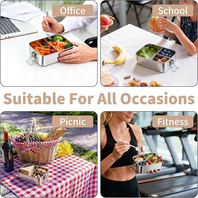 TeamFar 2 Pack Stainless Steel Bento Box, 28oz Metal Lunch Box with 3 Compartments for Adults/Kids, Lunch Food Containers for School/Work/Meal Prep, Leak-Proof & Dishwasher Safe, 850ML