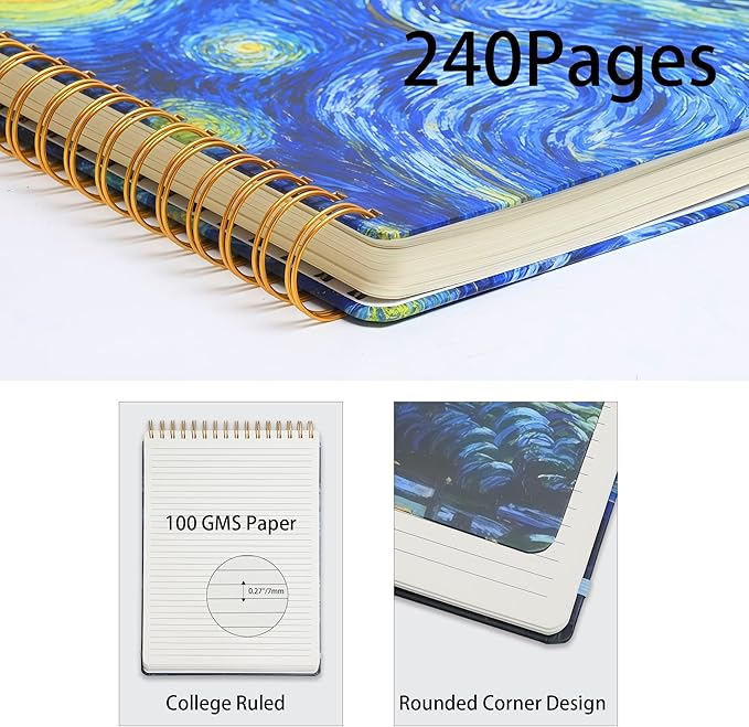 Top Spiral Notebook 8.5x11,Van Gogh Notebooks,Top Steno Notepad 240 Pages, College Ruled, Hardcover Steno Pads, Left-Handed,Spiral Notepads for Work,Office,school supplies Starry Night