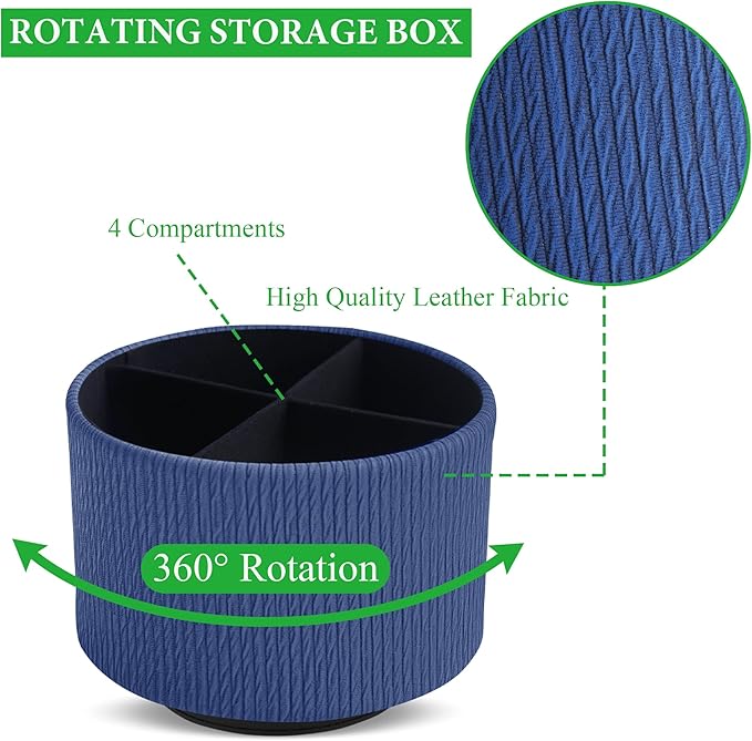 Round Leather Art Supply Organizer,Remote Control Holder,360 Degree Spinning,Multi-Functional Pencil Holder,4 Compartments Desktop Stationary Organizer(1-Vertical Wood Blue)