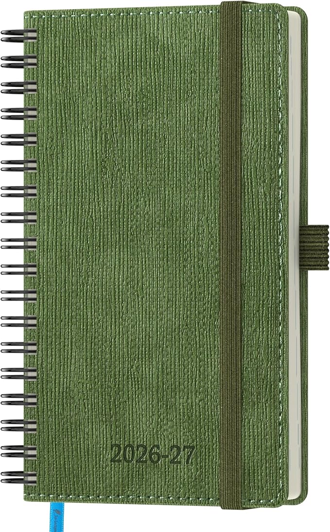 2026-2027 Planner, Daily Weekly Monthly Academic Planner, 18 Months Spiral Bound Agenda, 6.5" x 3.75", Vertical Layout, Calendar Planner, Vegan Leather Soft Cover,Olive Green