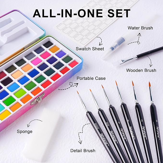 50 Solid Watercolor Paint Set, Built-in Palette with 6 Detailed Brushes, Non-toxic Portable Travel Set for Beginners, Artists, Painting Gift for Classroom, Festivals, Birthdays, Holidays