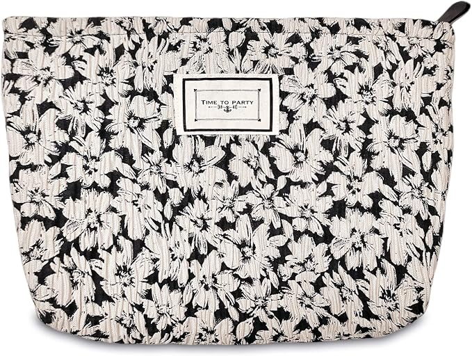 STARDW Aesthetic Floral Makeup Bag Cute Small Cosmetic Bags for Women Girls, Travel Toiletry Bag Large Capacity Zipper Makeup Pouch, Purse Organizer Pouches (White Flowers)