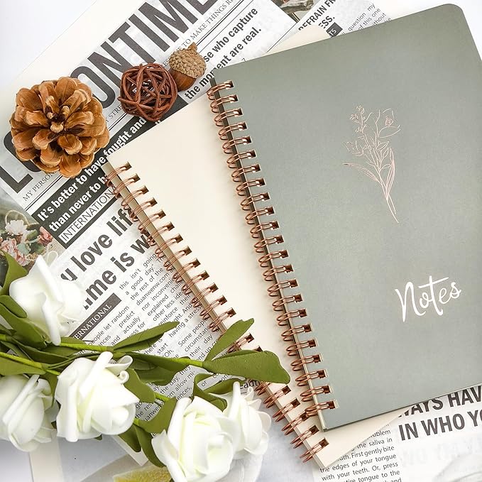 Prelady Spiral Notebooks for Women, 2 Pack College Ruled Wirebound Notebooks with Gold Floral Design, Aesthetic Journaling Notebooks for Writing, School, Work, Office Supplies (Beige/Sage)