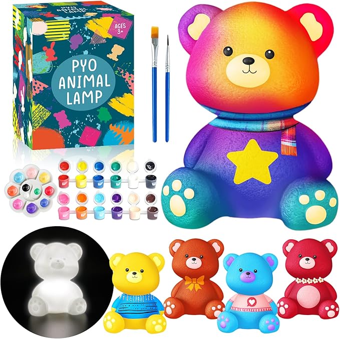 FUNZBO Paint Your Own Bear Lamp Kit - Arts and Crafts Supplies Painting Kits for Kids Teens, DIY Night Light Toy for Girls Boys Ages 3 4 5 6 7 8 9 10 11 12 Birthday Gifts