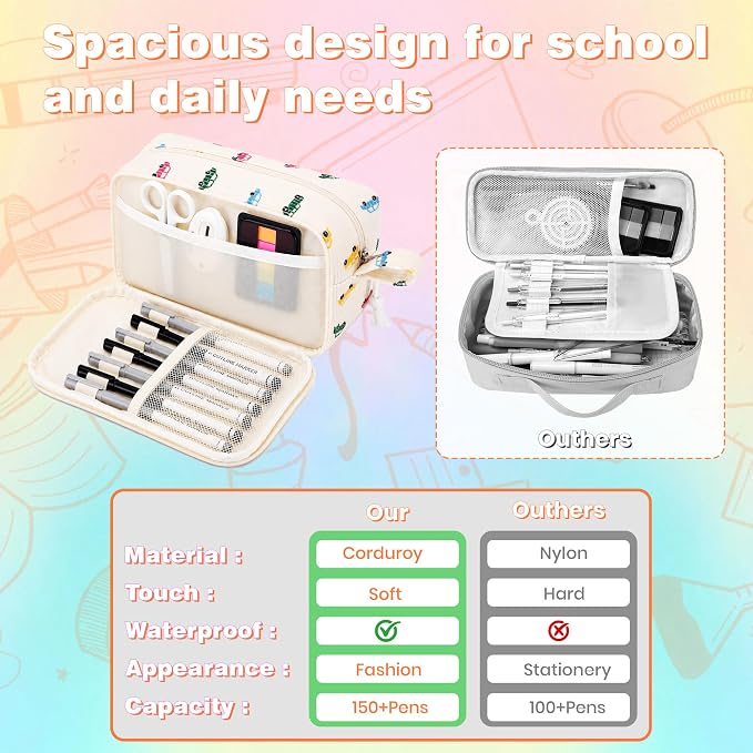 Big Capacity Pencil case,Soft Corduroy Pencil Bag with 3 Compartment,Pencil Pouch School Supplies Cute Pencil Box Pencil Bag for Teen Girls Boys College (Colorful Car)