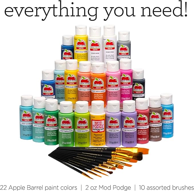 Apple Barrel Art Lessons Paint and Brush Set, 34 pc Kit Including 23 2 fl oz Apple Barrel Acrylic Paint Colors, 1 2 fl oz bottle of Mod Podge Matte, 10 FolkArt Brushes, 6 Video Lessons And More