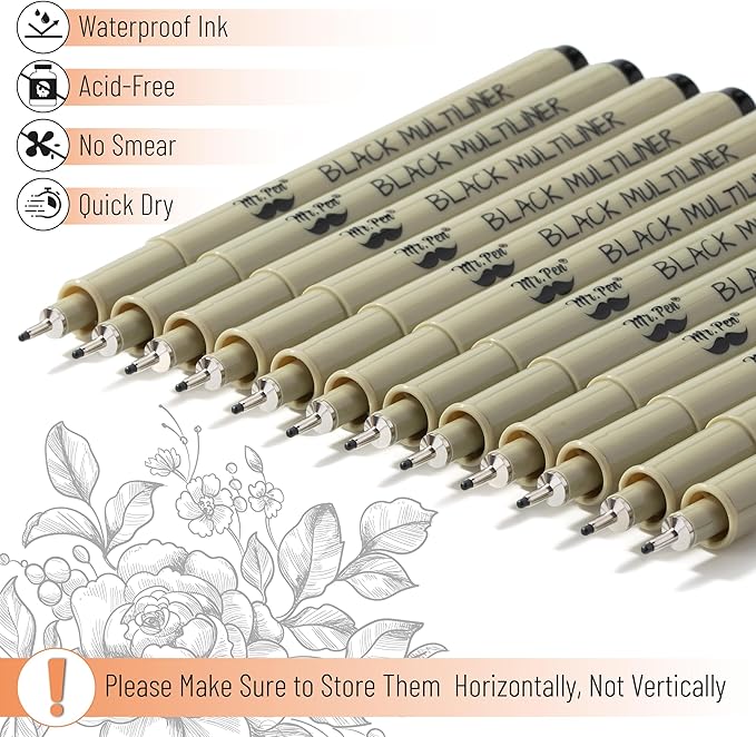 Mr. Pen- 0.5mm Micro Fine Point Pens, 8 Pack, Black Ink, Waterproof, Acid-Free, No-Smear Quick-Dry Fineliner Pens for Drawing, Sketching, Bible Journaling, Outlines & Everyday Writing