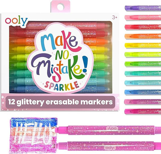 Ooly Make No Mistake Glittery Erasable Markers, 12 Stress and Mess Free Sparkle Markers You Can Erase, Colorful Supplies for Any Arts & Crafts