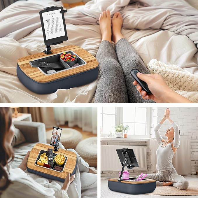 ERGONOV Tablet Pillow Stand for Lap Use,Adjustable iPad Holder with Snack Bowl,360° Rotating Clip for 4.7-13" Kindle,Phone,Tablet.Ideal for Hands-Free Reading and Relaxation on Bed,Couch,Recliner,Gray