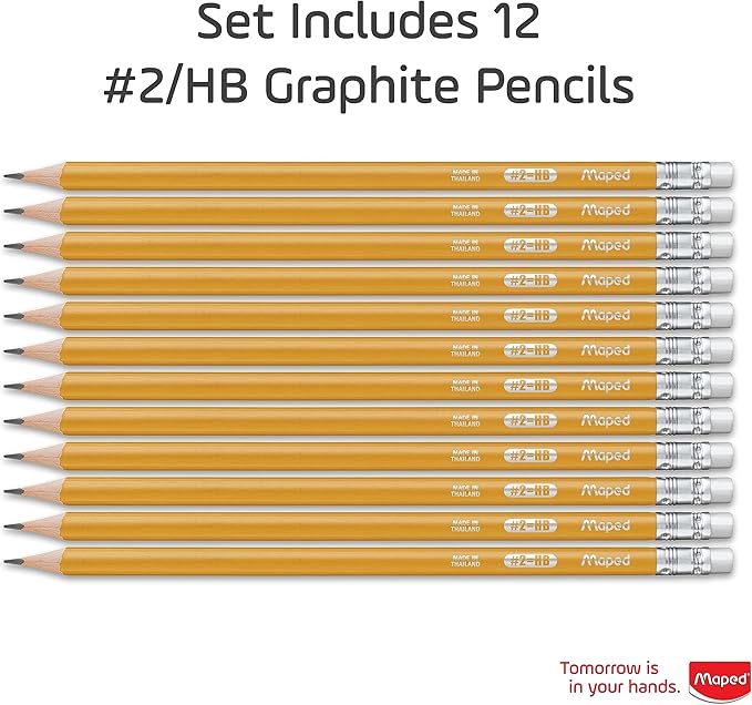 Maped - Essentials Yellow Triangular Graphite #2 Pencils - 12-Pack - Schoolwork - Smooth Writing Experience - Ergonomic Design for Comfort - Pre-sharpened Convenience