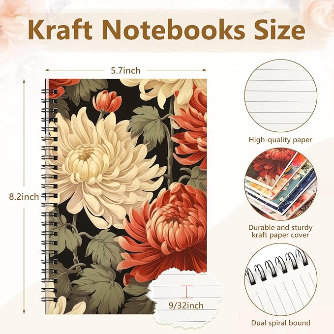 Fuutreo 12 Pcs Spiral Notebook for Work A5 8.3 x 5.7 Inch College Ruled Spiral Journal Notebook Kraft Cover Ruled Paper, 12 Color, 60 Sheets, 120 Pages for Office School (Vintage Flower,Innovative)