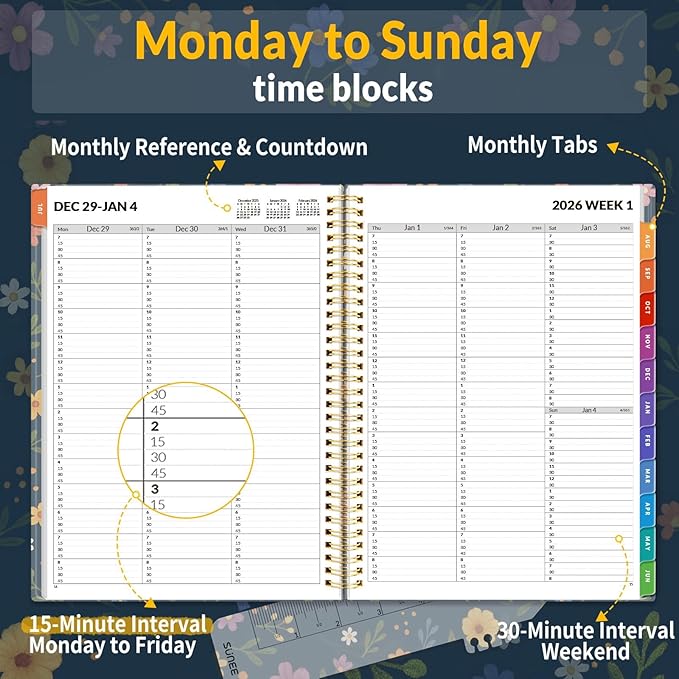 SUNEE 2026 Appointment Book, Quarter-Hourly, Weekly & Monthly - from January 2026 - December 2026, 8.5"x11" Weekly Planner, Flexible Cover, Note Pages, Pockets, Bookmark, Spiral Binding,