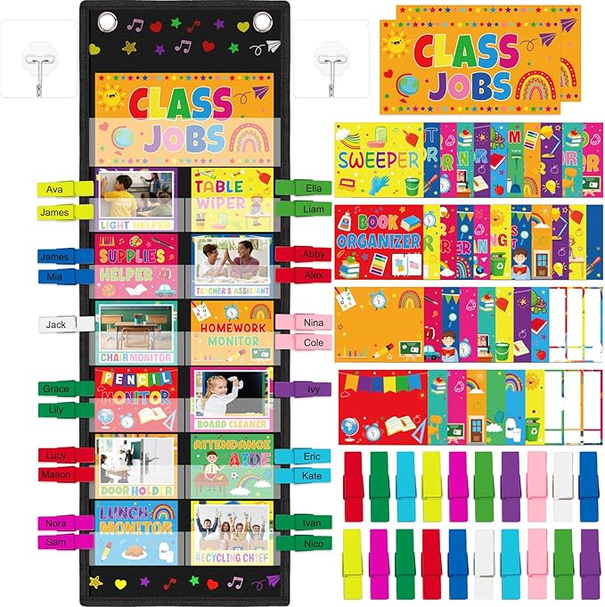 Class Jobs Pocket Chart for Classroom Decorations, 48 Colored Clips & 57 Behavior Cards, Teacher Must-Have Helper for Back to School Birthday Party Decor