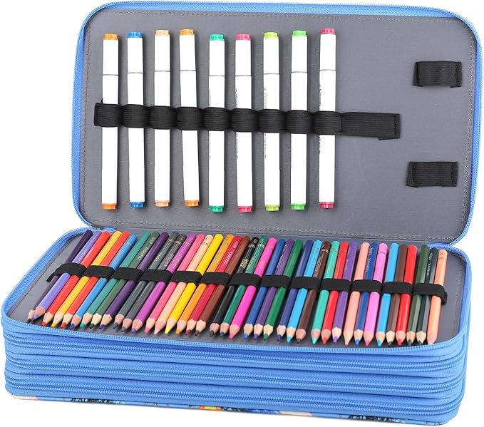 Colored Pencil Case - Large Capacity Colored Pencil Holder with Zipper Closure Twill Fabric Pencil Case for 300 Colored Pencils or 200 Gel Pen, Pencil Case Organizer for Artist (Blue Flower)