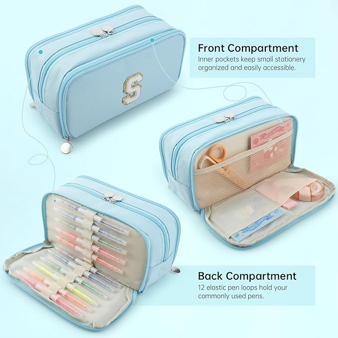 Extra Large Capacity Pencil Case 3 Compartment Initial Pencil Pouch Personalized Cute Aesthetic Stationery Pen Case Bag for School Teen Girl Boy Men Women Gift (R, Pink)
