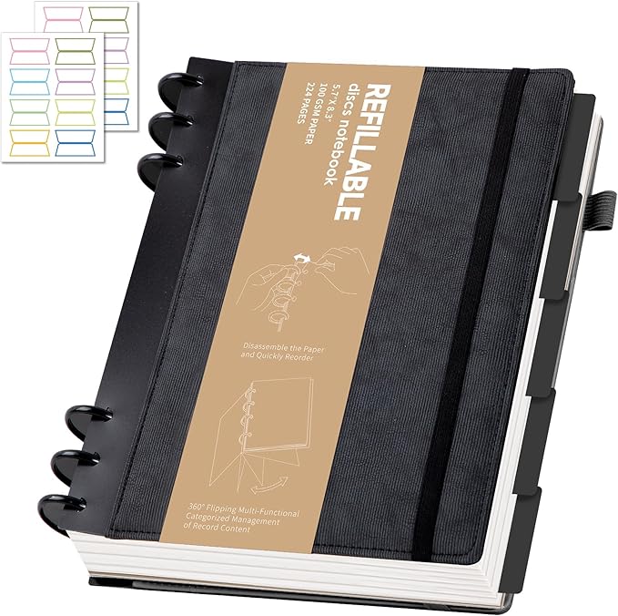 Yoment Leather Notebooks for Work Refillable 224 Page Lined Journal for Men, 100 GSM Thick 5 Subject Notebook with Removable Dividers Tabs Hardcover Notebook for School Note Taking 6.1 x 8.3,Black