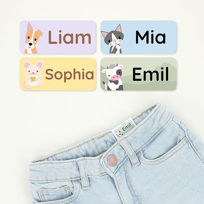 Personalized Name Labels for Kids (120) – Custom Waterproof & Durable Stickers for Clothing, Daycare, Office & School Supplies - Animals