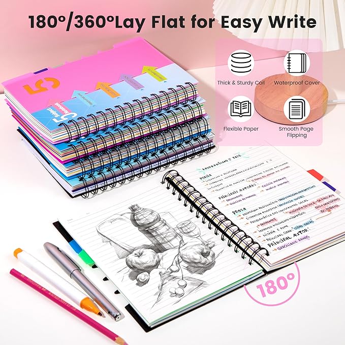 CAGIE 5 Subject Notebook 2 Pack, A5 Small Spiral Notebook with Removable Pocket Dividers Tabs, 240 Pages Spiral Note Book College Ruled for School Work Note taking, Pink