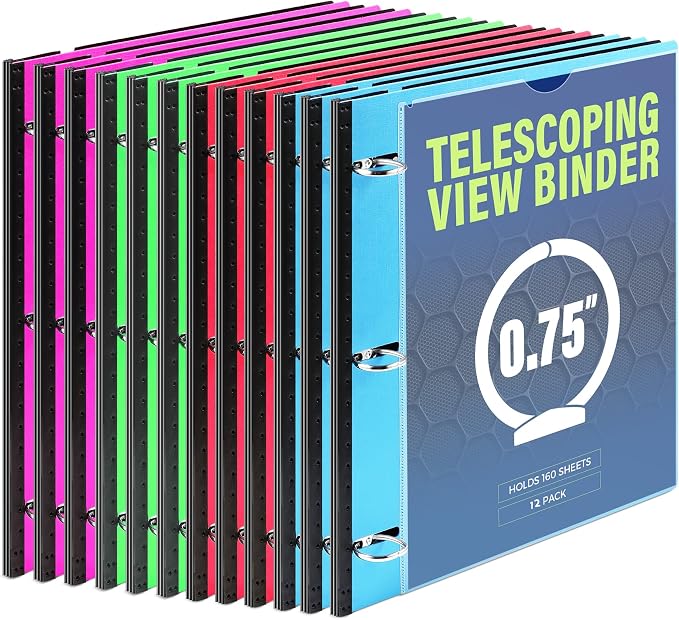 WOT I 12-Pack Telescoping 3 Ring Binder(0.75"), Expandable Flexible Binder - Patented Design for Easy Portability, Holds 8.5"x11" Paper, 4 Bright Colors, Perfect for School, Office&Home Organization