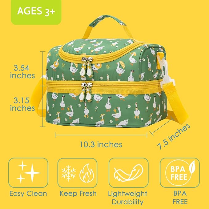 Insulated Kids Dual Compartment Lunch Bags Tote for Girls Boys Toddler Lunch Boxes Pre-School Toddler Kindergarten Picnic Camp Food Cooler Thermal with Strap (Z Ducks)