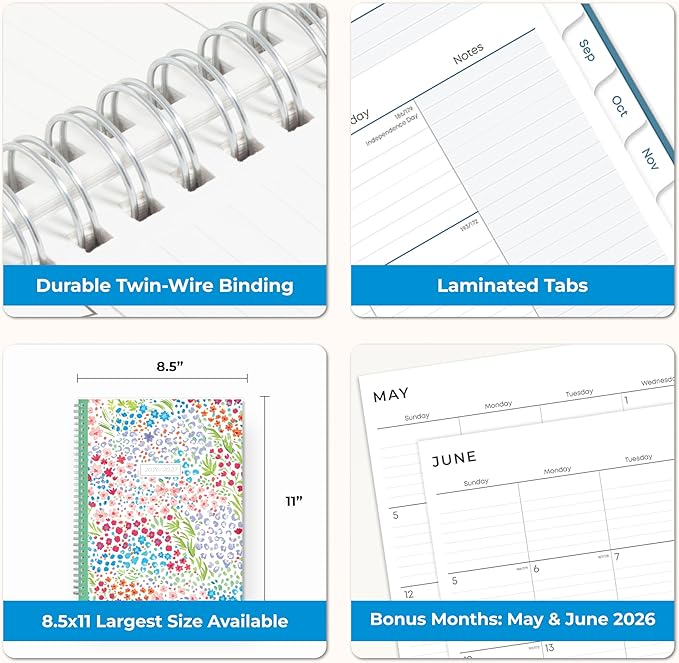Blue Sky 2026-2027 Weekly and Monthly Academic Year Teacher Lesson Planner Calendar, July 2026 - June 2027, 8.5" x 11", Clear Pocket Cover, Wirebound, Laminated Tabs, Storage Pocket, Ditsy Dapple Light