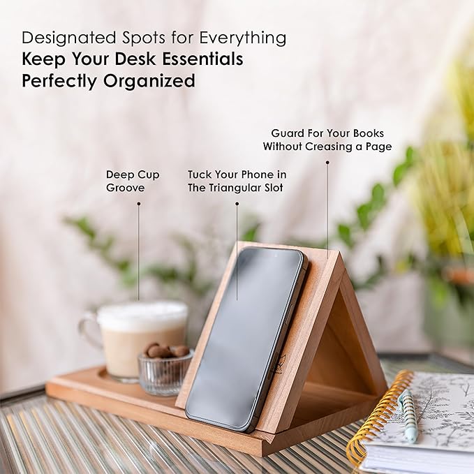 Wooden Triangle Book Stand & Reading Valet – Book Rest with Cup, Phone, Glasses & Pen Holder – Thumb Book Page Holder - Nightstand Book Holder & Gift for Book Lovers, Readers & Bibliophiles