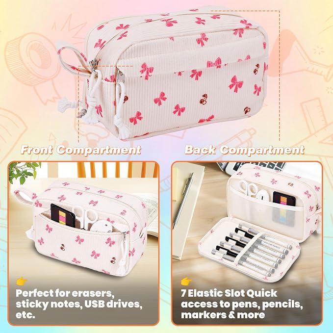 Big Capacity Pencil case,Soft Corduroy Pencil Bag with 3 Compartment,Pencil Pouch School Supplies Cute Pencil Box Pencil Bag for Teen Girls Boys College (Bow With Cherry)
