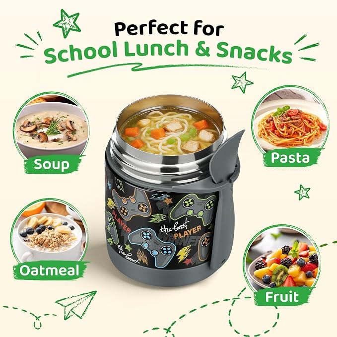Pawtong 10oz Soup Thermo for Hot Food Kids Insulated Food Jar,Thermo Hot Food Lunch Container, Width Mouth Stainless Steel Lunch Box for Kids with Spoon (Black-Gamepad)