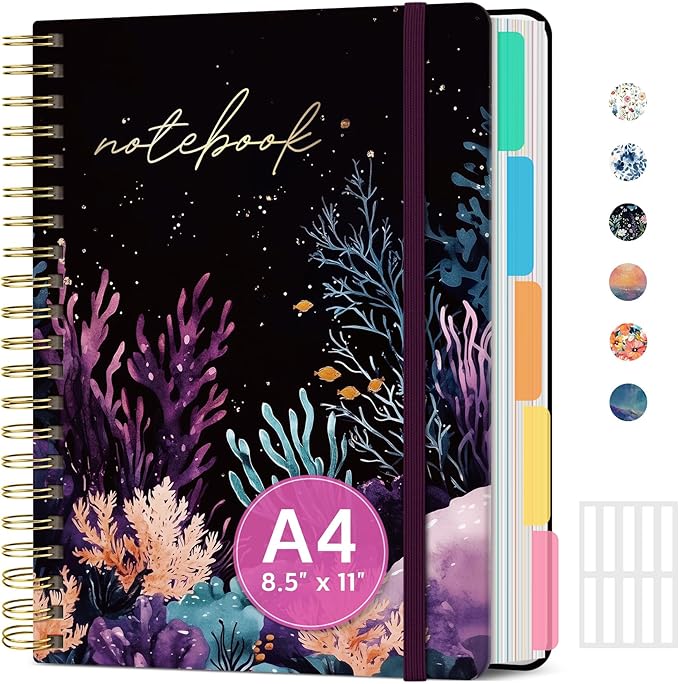 Large Spiral Lined Notebooks for Work with Removable Dividers & Tabs, 8.5"x11" Pretty Hardcover 5 Subject Notebook Journal for Women, College Ruled, Perfect for Study & Office Organization, 280 Pages,Coral Dream