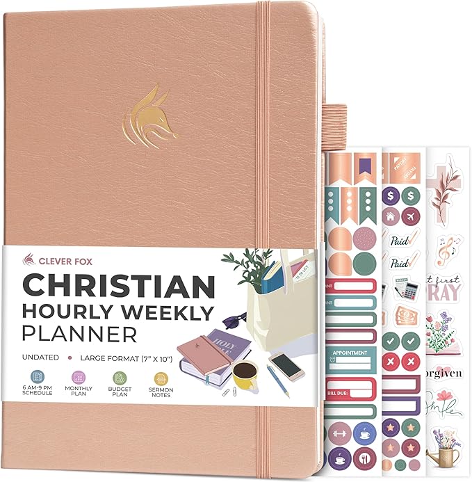 Clever Fox Christian Hourly Weekly Planner – Goal Setting Planner with Time Slots, Monthly Budget, Sermon Notes, Bible Reading Tracker (Rose Gold)